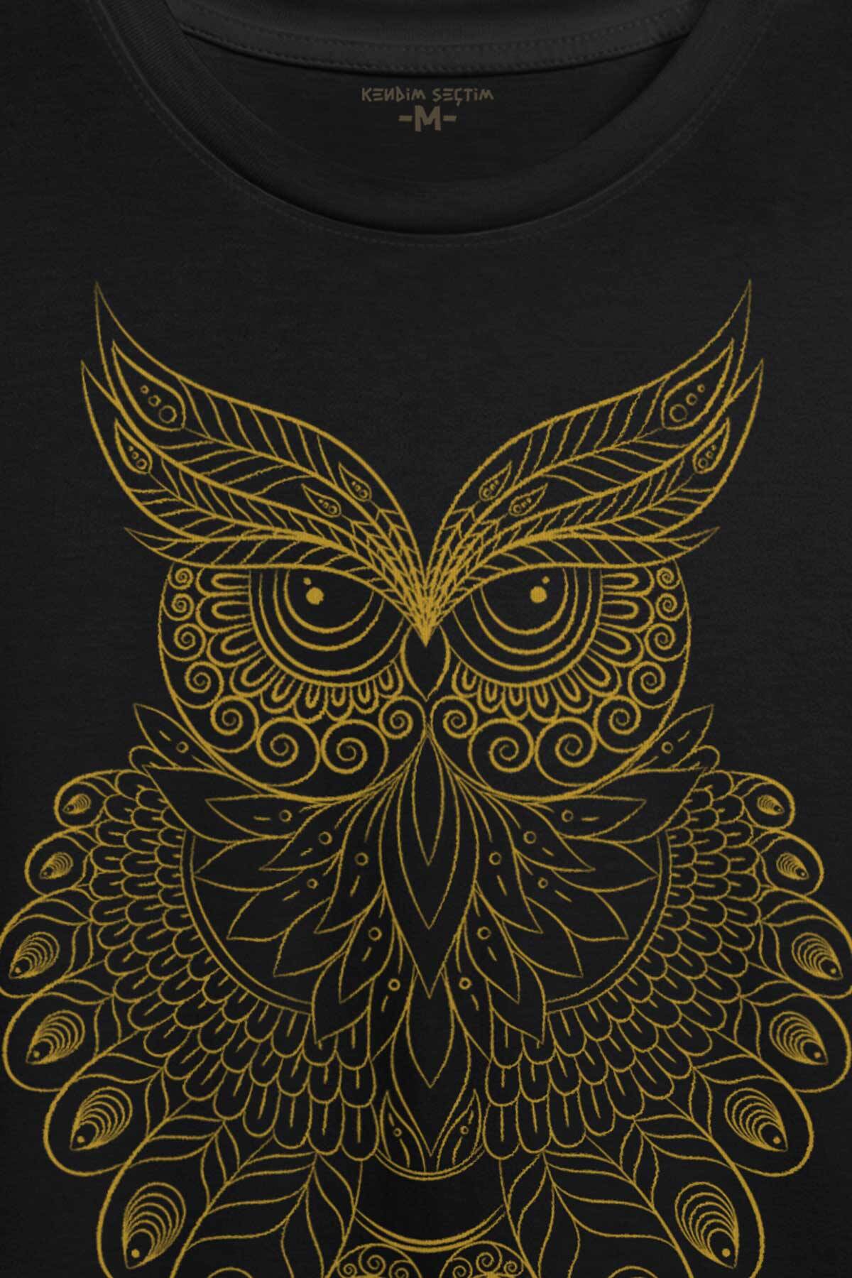 Owl Baykuş Silüeti.Calligraphy Çizim Baskılı Tişört Unisex T-shirt (1)