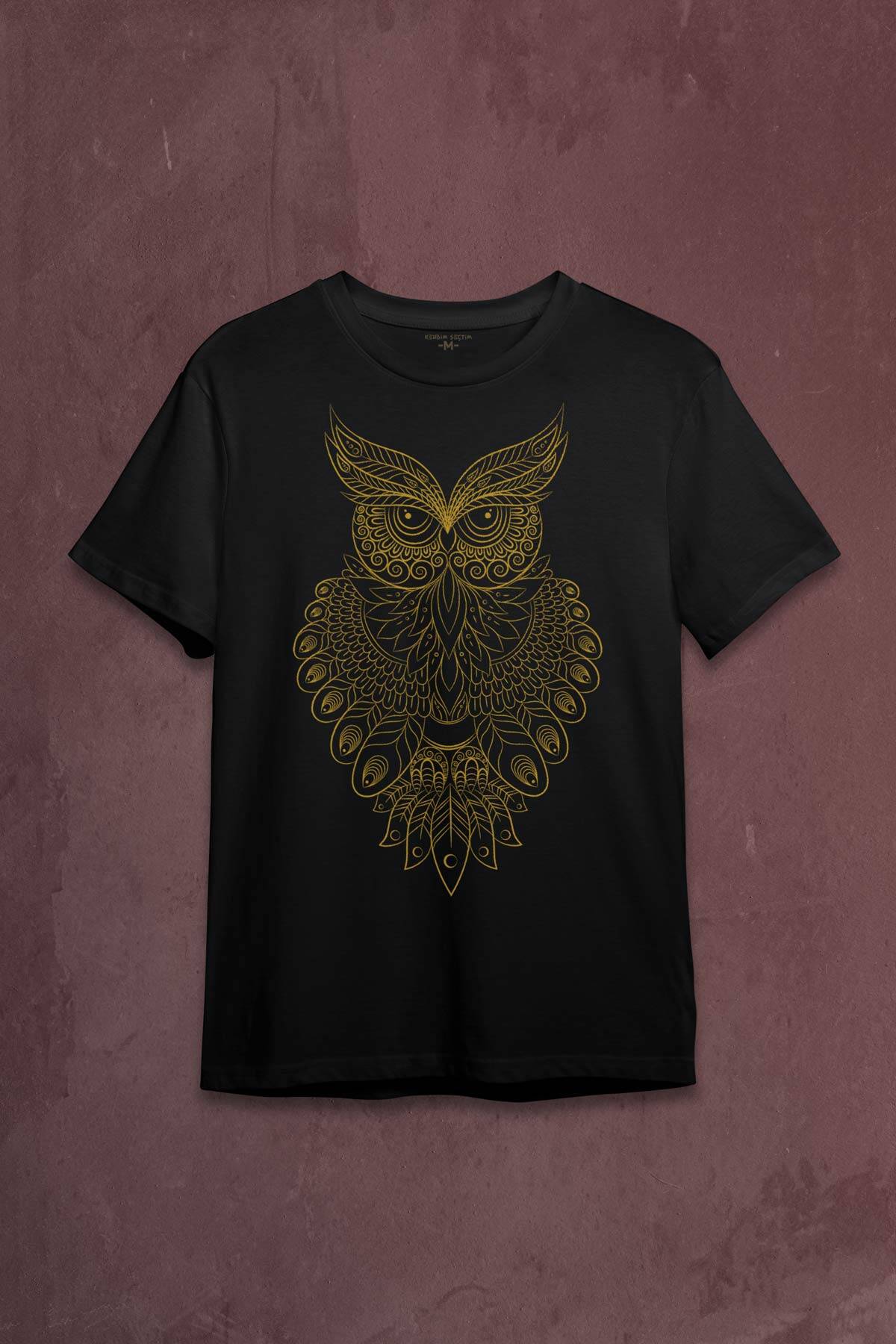 Owl Baykuş Silüeti.Calligraphy Çizim Baskılı Tişört Unisex T-shirt - 1