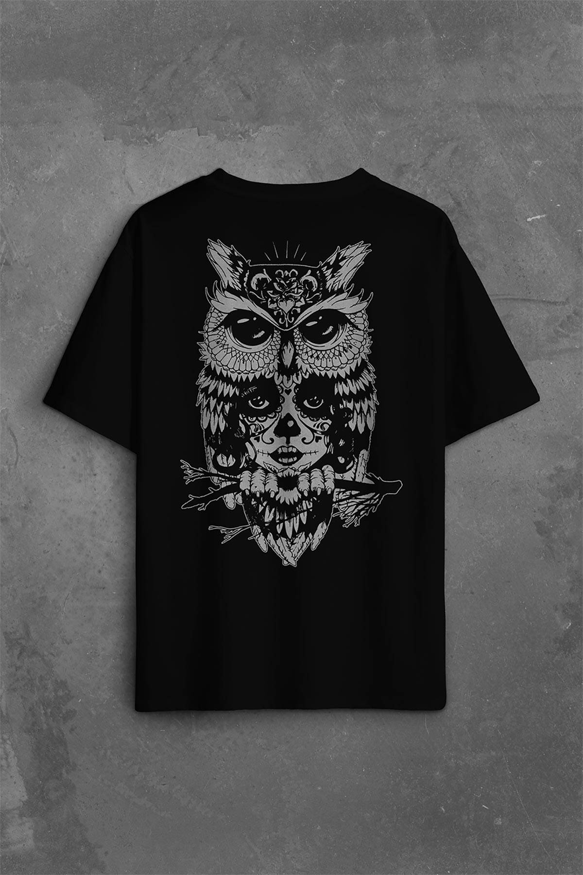 Owl Baykuş Üzgün Kız Güçlü Kadın Sırt Ön Baskılı Oversize Tişört Unisex T-Shirt (1)