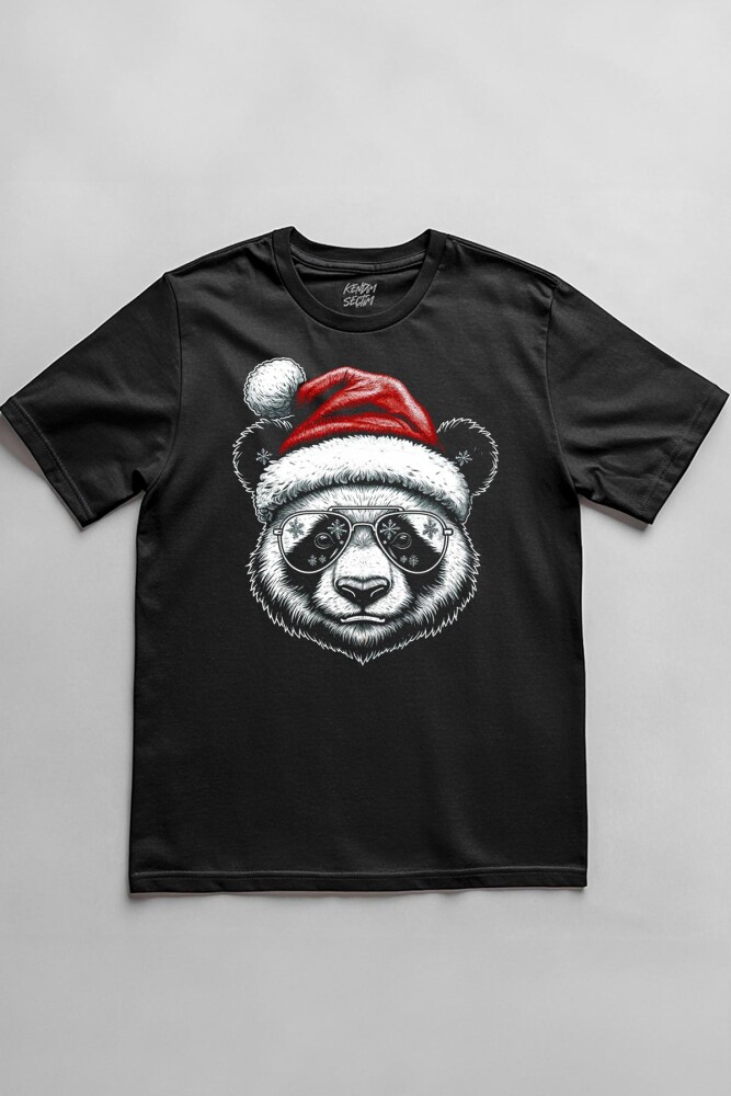 Panda Santa Noel Şapkası Baskılı Tişört Funny New Year Yeni Yıl Yılbaşı T-shirt Unisex - KENDİM SEÇTİM
