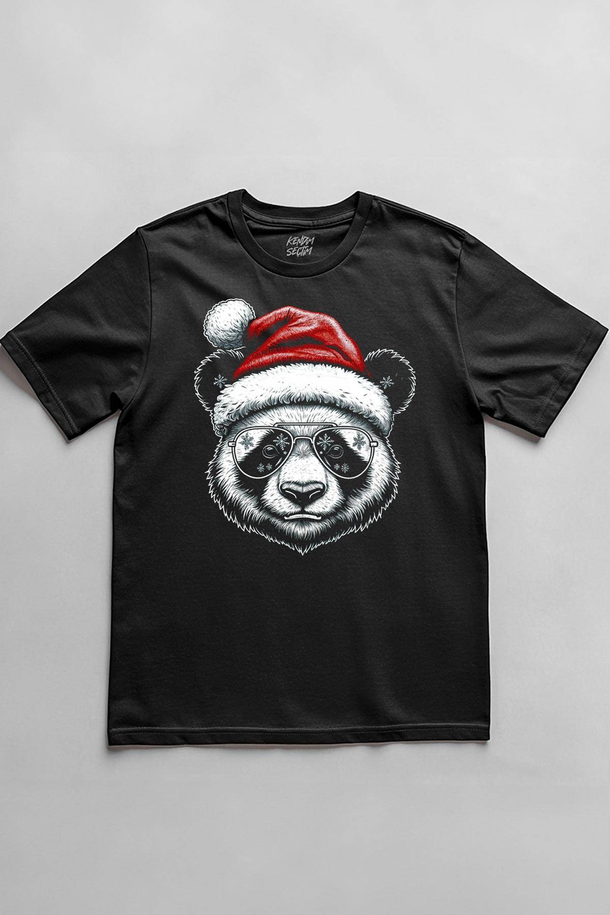 Panda Santa Noel Şapkası Baskılı Tişört Funny New Year Yeni Yıl Yılbaşı T-shirt Unisex - 1