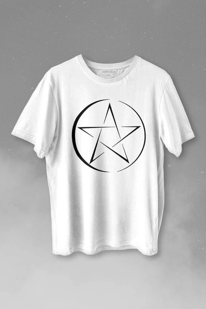 Pentagram Stencil Symbol Satanizm Baphomet Mührü Logosu Baskılı Tişört Unisex T-shirt - 1