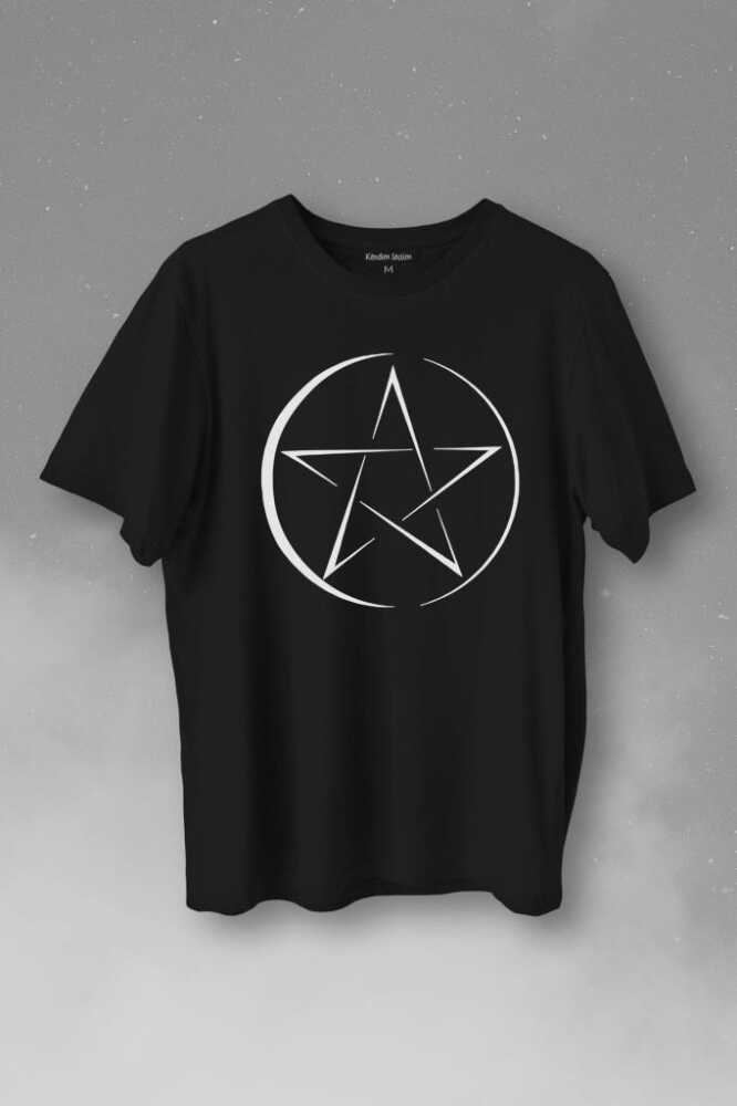 Pentagram Stencil Symbol Satanizm Baphomet Mührü Logosu Baskılı Tişört Unisex T-Shirt - 1