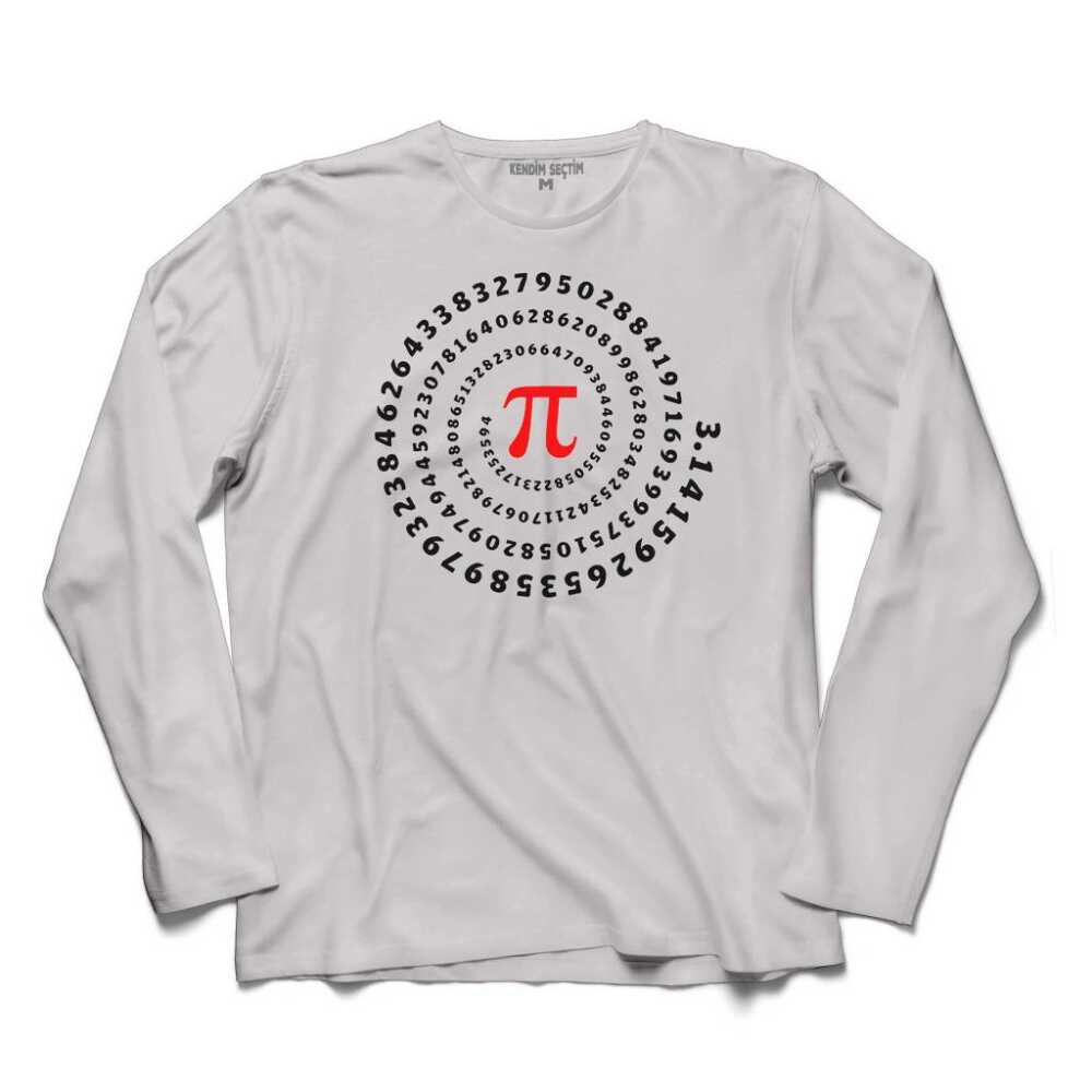 Pi Sayısı Çember Baskılı Beyaz Uzun Kollu Tişört Unisex Geometri T-Shirt