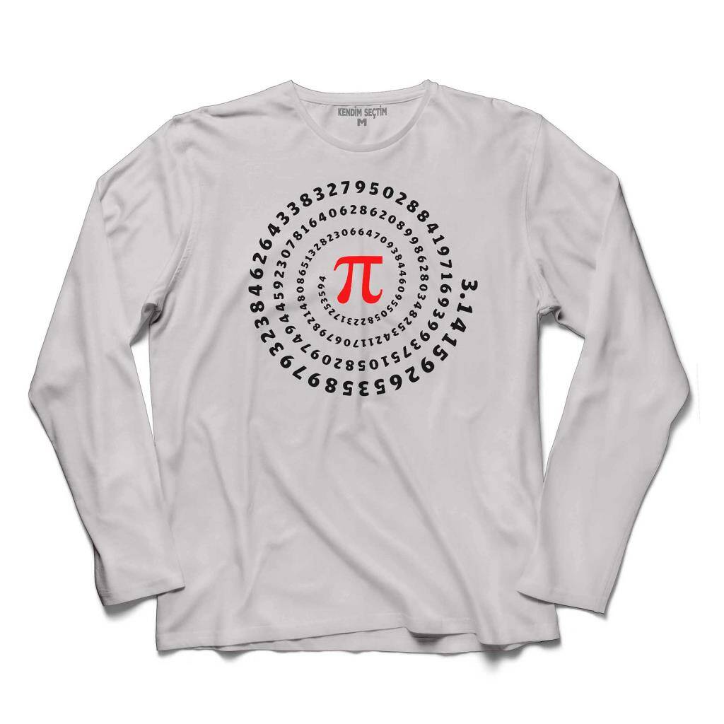 Pi Sayısı Çember Baskılı Beyaz Uzun Kollu Tişört Unisex Geometri T-Shirt