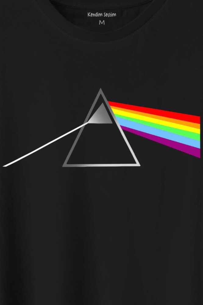 Pink Floyd Prizma Kırılan Işık Tayfı Gök Kuşağı Renkleri Baskılı Tişört Unisex T-Shirt (1)