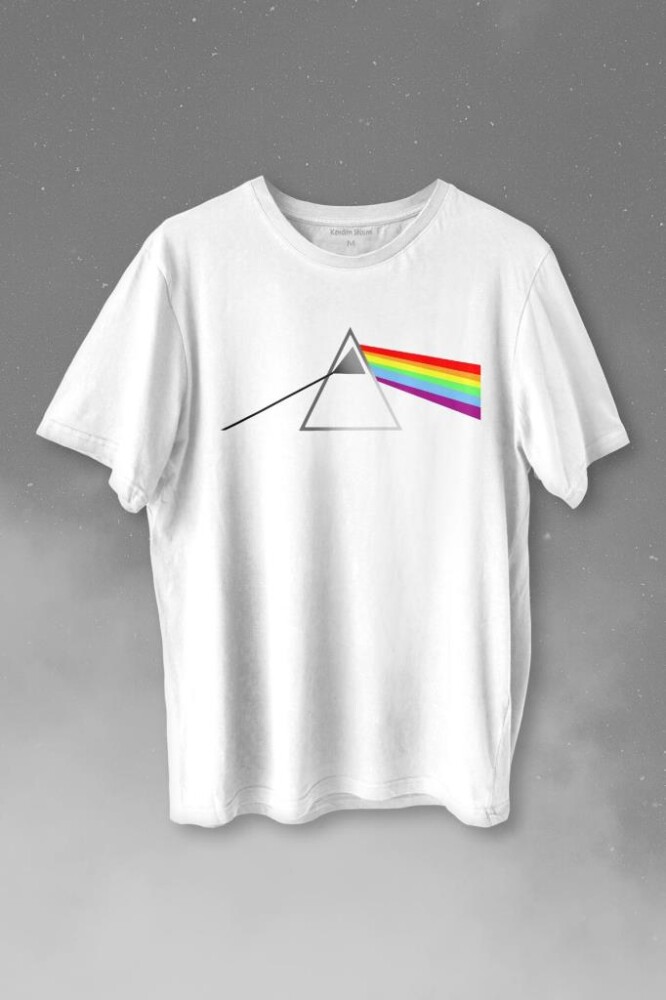 Pink Floyd Prizma Kırılan Işık Tayfı Gök Kuşağı Renkleri Baskılı Tişört Unisex T-shirt - 1