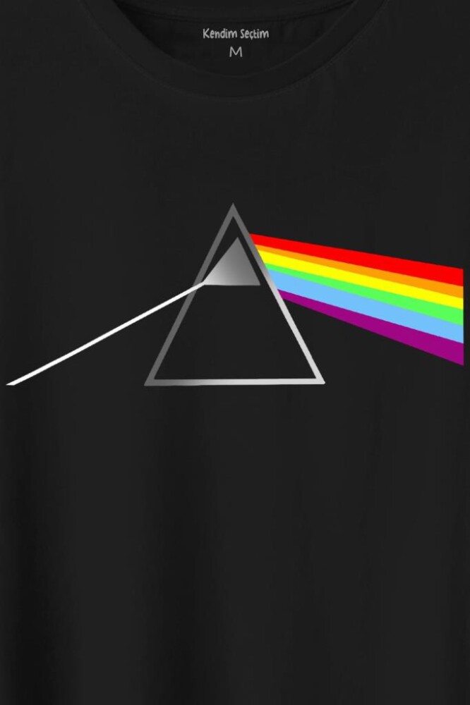 Pink Floyd Prizma Kırılan Işık Tayfı Gök Kuşağı Renkleri Baskılı Tişört Unisex T-Shirt (1)