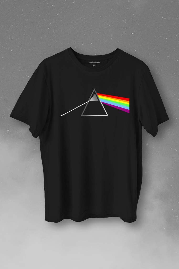 Pink Floyd Prizma Kırılan Işık Tayfı Gök Kuşağı Renkleri Baskılı Tişört Unisex T-Shirt - 1