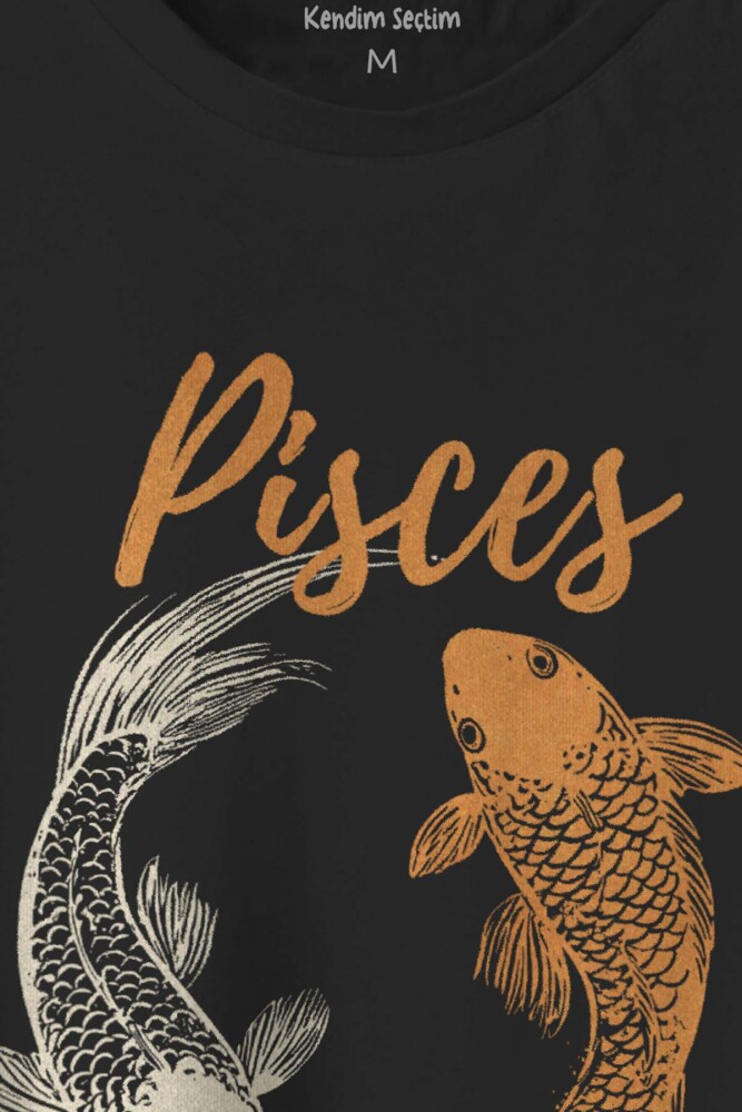 Pisces Fish Balık Burcu Şubat Mart Doğum Günü Astroloji Baskılı Siyah Unisex T-shirt - 2