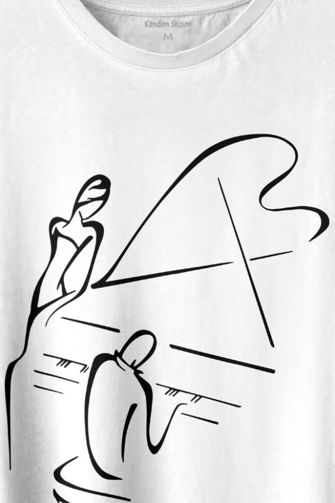 Piyano Başında Romantik Müzik Aşkı Müzikal Aşıkları Baskılı Tişört Unisex T-shirt - 2