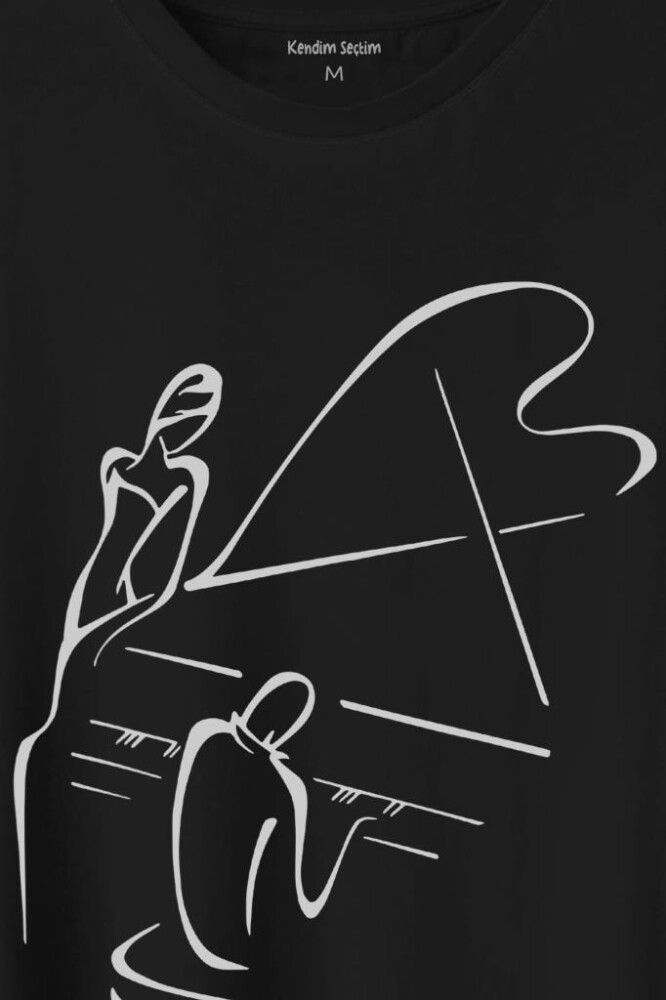 Piyano Başında Romantik Müzik Aşkı Müzikal Aşıkları Baskılı Tişört Unisex T-Shirt (1)