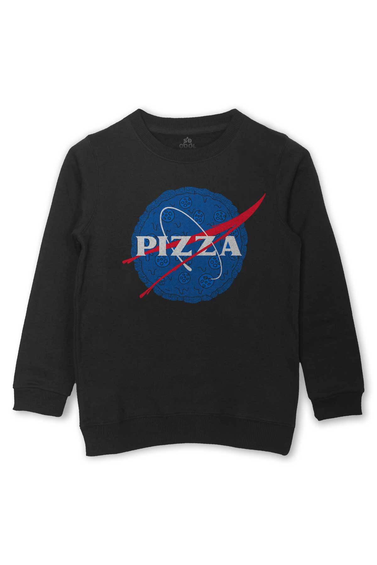 Pizza Nasa Uzay Ajansı Cosmos Astronot Baskılı Çocuk Sweatshirt Siyah Sweat - 1