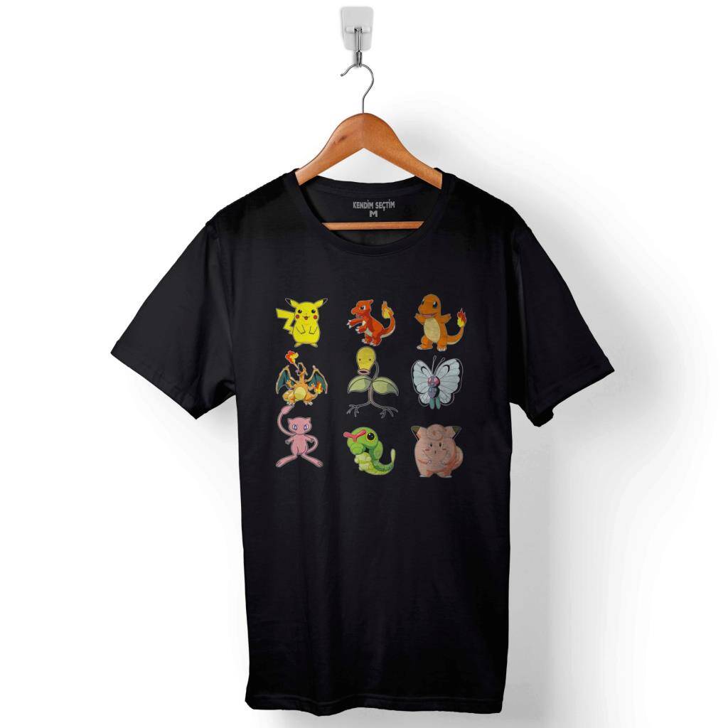 Pokemon All Tüm Karakterler Pikachu Baskılı Tişört Unisex T-Shirt - 1
