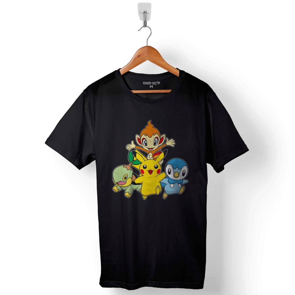 Pokemon Pikachu chimchar Pıplup Turtwıg Baskılı Tişört Unisex T-Shirt - 1