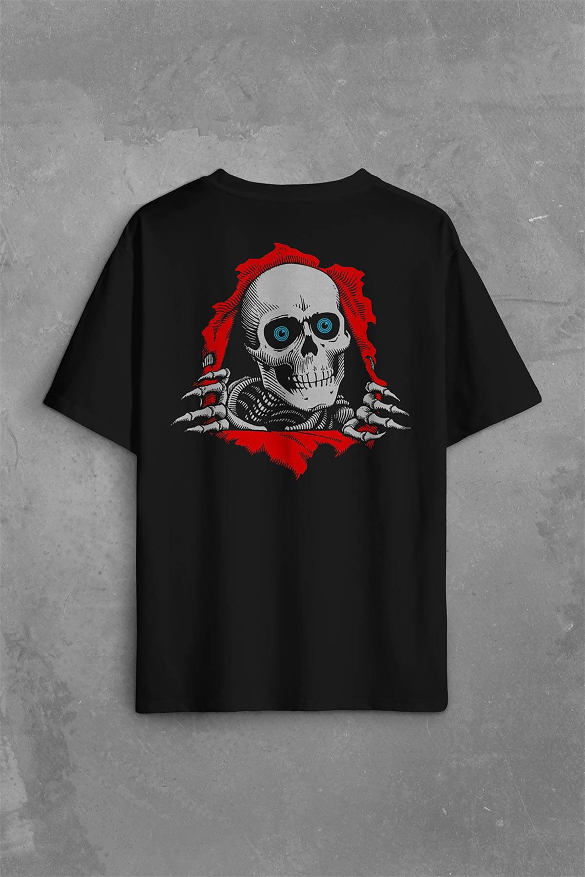Powell Peralta Skull Kuru Kafa Skeleton Mavi Göz Sırt Ön Baskılı Oversize Tişört Unisex T-Shirt - 1
