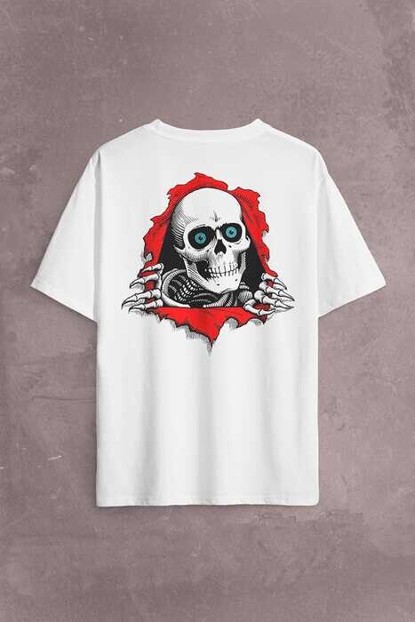 Powell Peralta Skull Kuru Kafa Skeleton Mavi Göz Sırt Ön Baskılı Oversize Tişört Unisex T-Shirt - 2