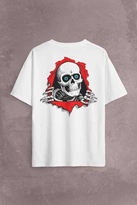 Powell Peralta Skull Kuru Kafa Skeleton Mavi Göz Sırt Ön Baskılı Oversize Tişört Unisex T-Shirt - 2