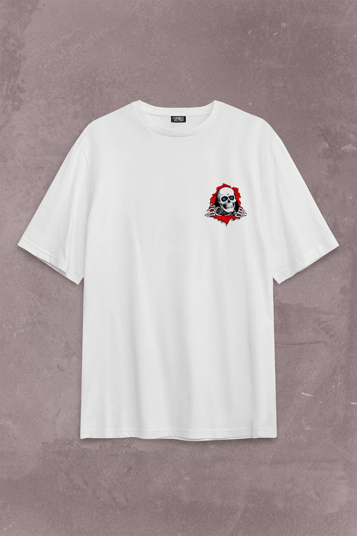 Powell Peralta Skull Kuru Kafa Skeleton Mavi Göz Sırt Ön Baskılı Oversize Tişört Unisex T-Shirt - 1