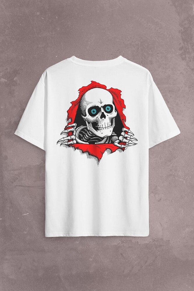 Powell Peralta Skull Kuru Kafa Skeleton Mavi Göz Sırt Ön Baskılı Oversize Tişört Unisex T-Shirt - 2