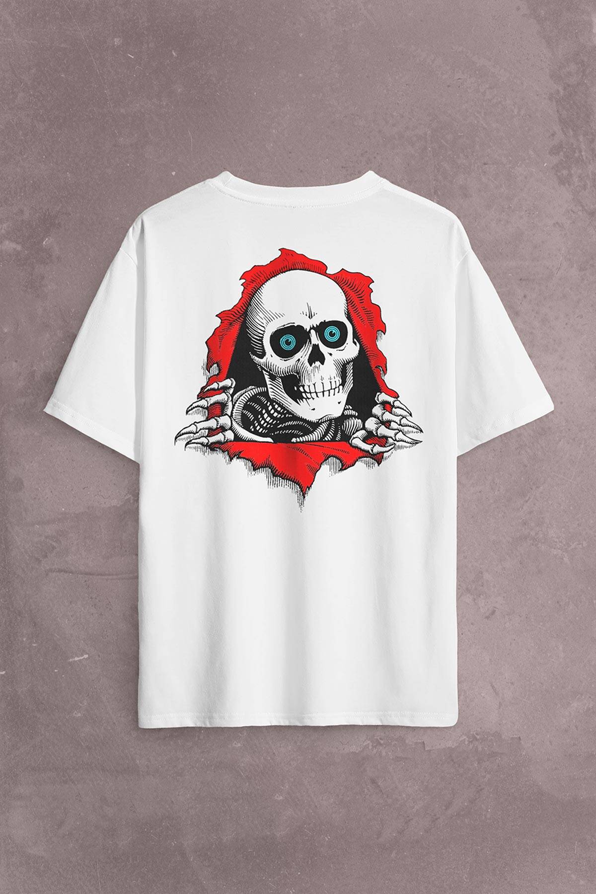 Powell Peralta Skull Kuru Kafa Skeleton Mavi Göz Sırt Ön Baskılı Oversize Tişört Unisex T-Shirt (1)