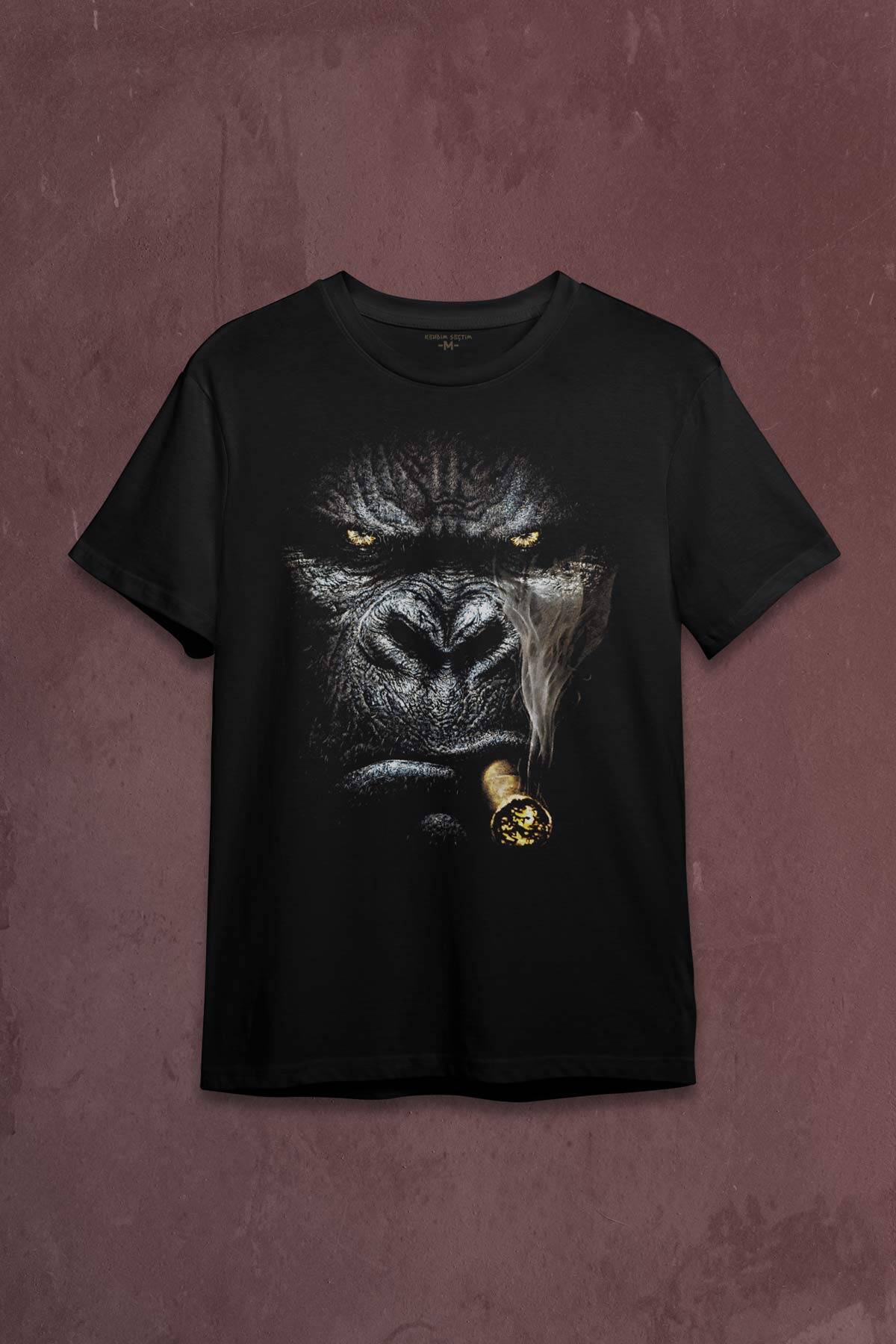 Puro İçen Şempanze Monkey Goril Maymun Baskılı Tişört Unisex T-shirt - 1