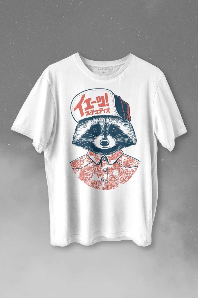 Raccoon Gömlekli Rakun Silüeti Baskılı Tişört Unisex T-shirt - 1