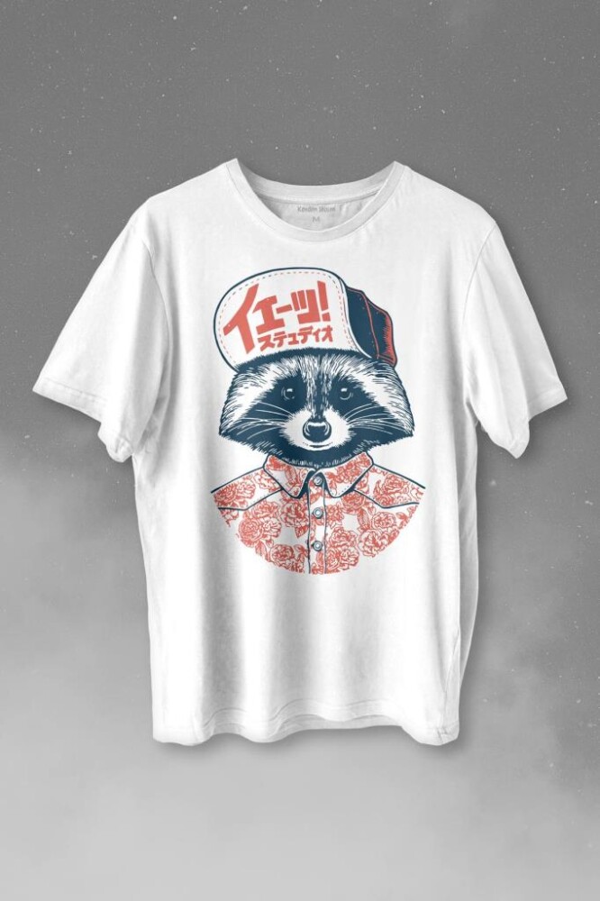 Raccoon Gömlekli Rakun Silüeti Baskılı Tişört Unisex T-shirt - 1
