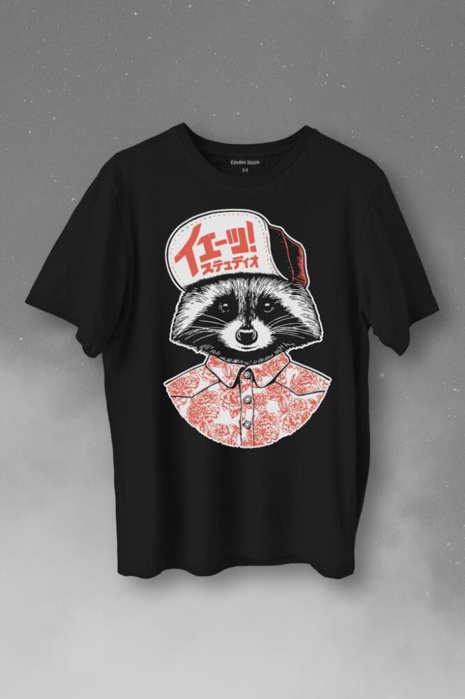 Raccoon Gömlekli Rakun Silüeti Baskılı Tişört Unisex T-Shirt - 1