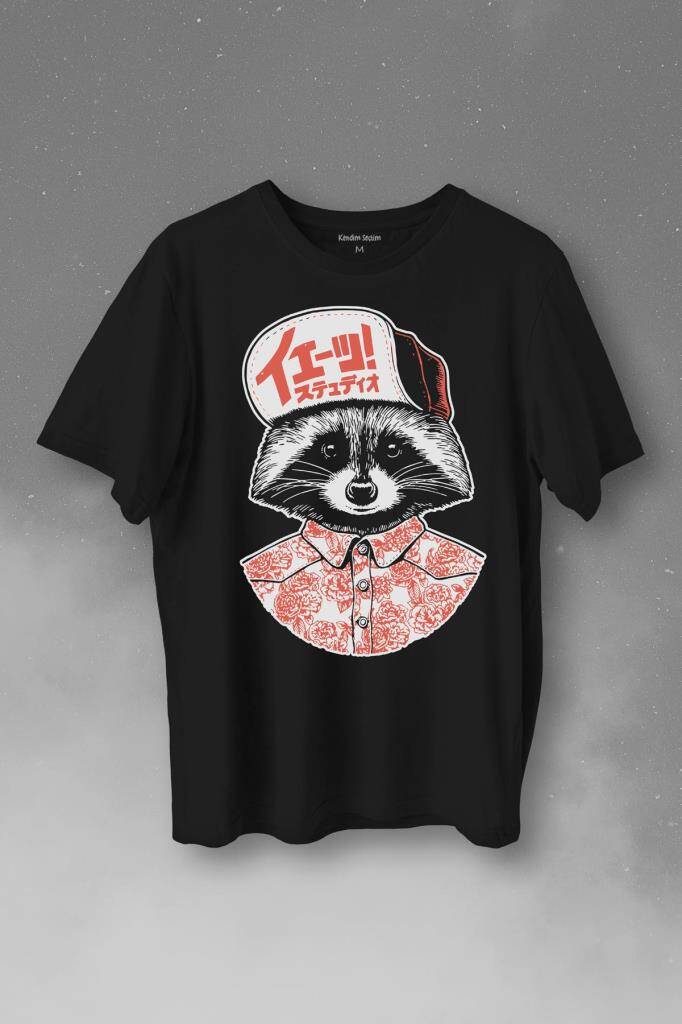 Raccoon Gömlekli Rakun Silüeti Baskılı Tişört Unisex T-Shirt - 1