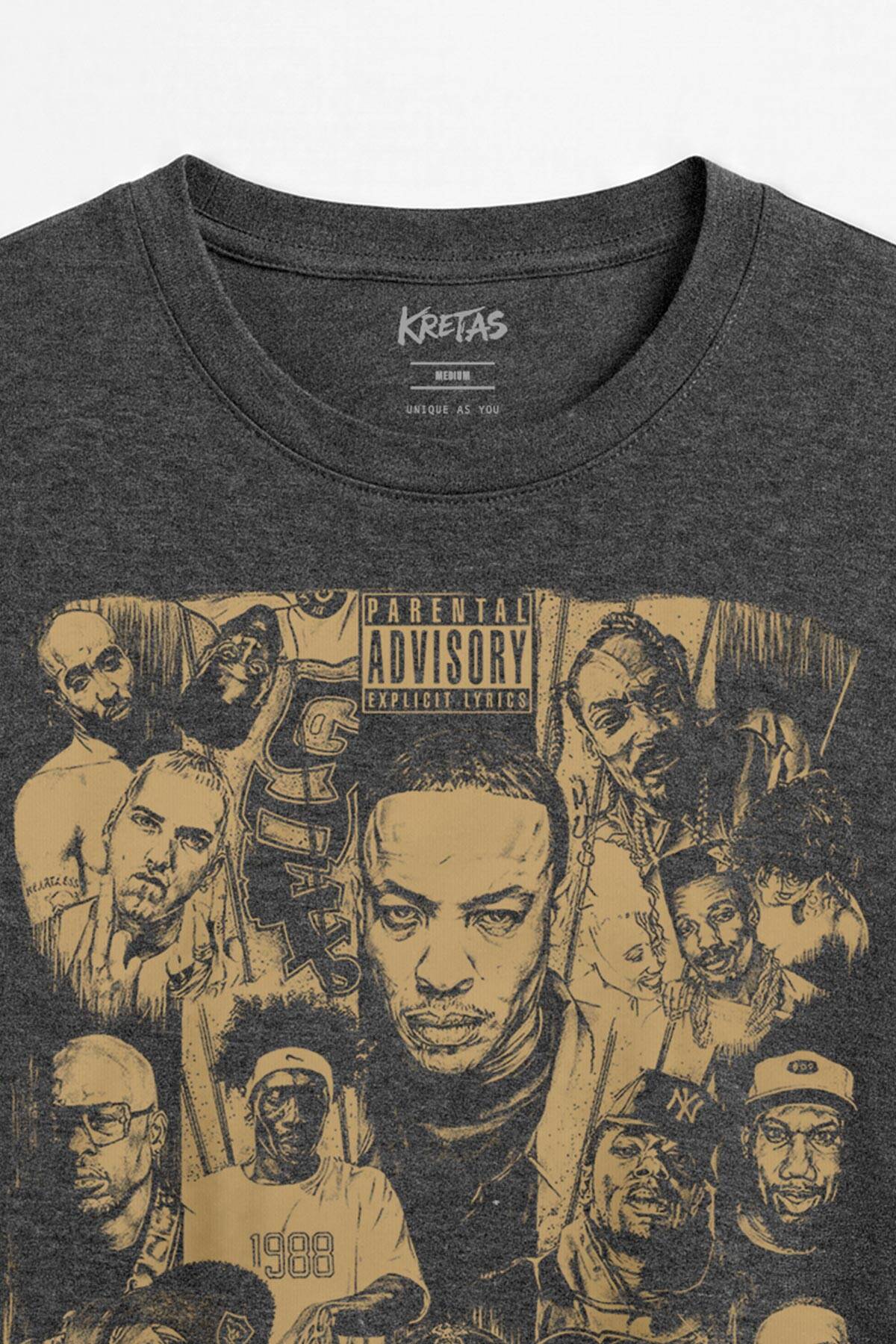 Rap Masters Hip Hop Dr Dre 2Pac Eminem Biggie Snoop Dogg Regular Unisex Antrasit Melanj Tişört (1)