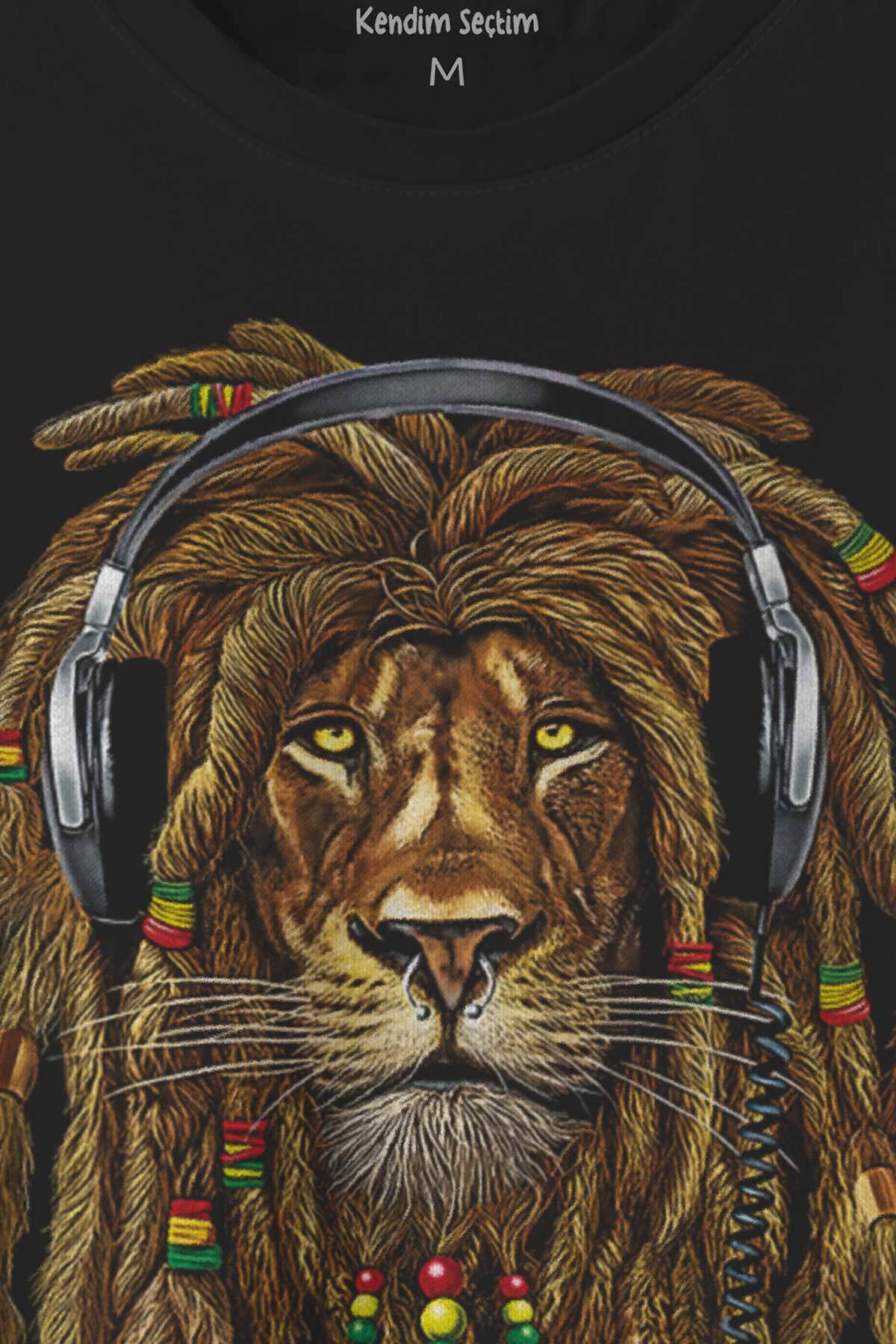 Rasta Lion Reggae Music Aslan Kulaklık Baskılı Unisex Siyah Tişört (1)