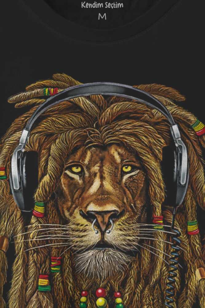Rasta Lion Reggae Music Aslan Kulaklık Baskılı Unisex Siyah Tişört  (1)