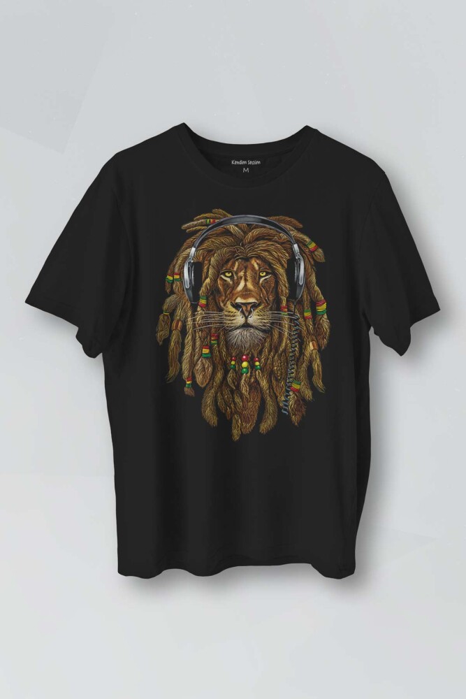Rasta Lion Reggae Music Aslan Kulaklık Baskılı Unisex Siyah Tişört - 1
