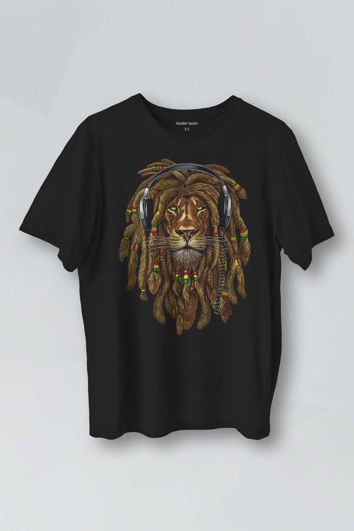 Rasta Lion Reggae Music Aslan Kulaklık Baskılı Unisex Siyah Tişört - 1