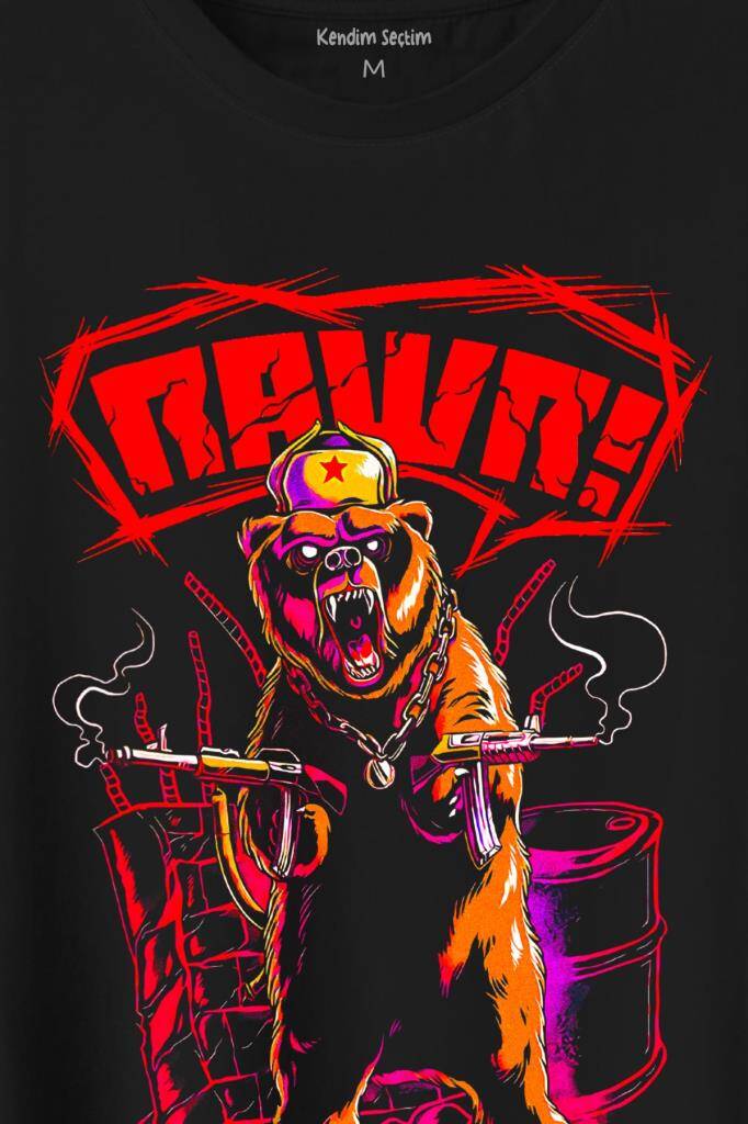 Rawr Bear Neo Kızıl Ayı Sosyalist Animal Baskılı Tişört Unisex T-Shirt (1)
