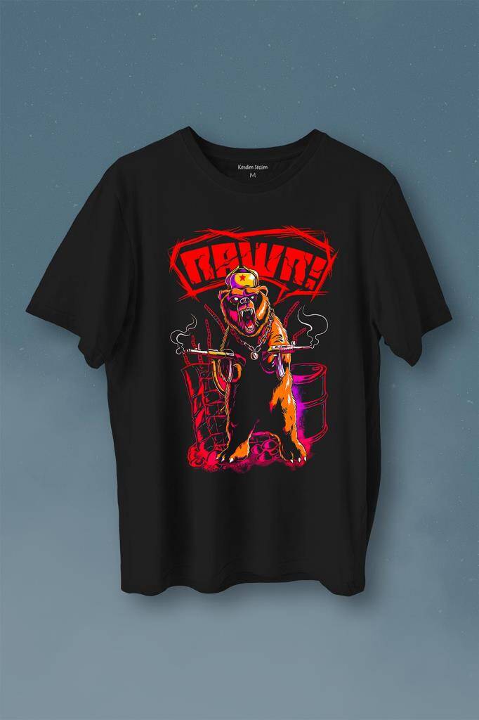Rawr Bear Neo Kızıl Ayı Sosyalist Animal Baskılı Tişört Unisex T-Shirt - 1
