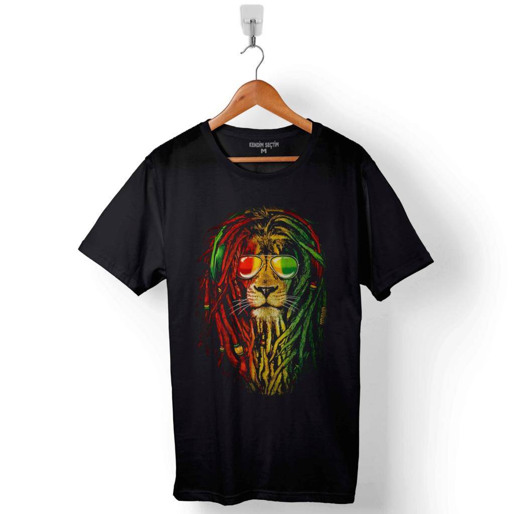 Reggae Bob Marley Aslan Lion Müzik KrAli Baskılı Tişört Unisex T-Shirt - 1