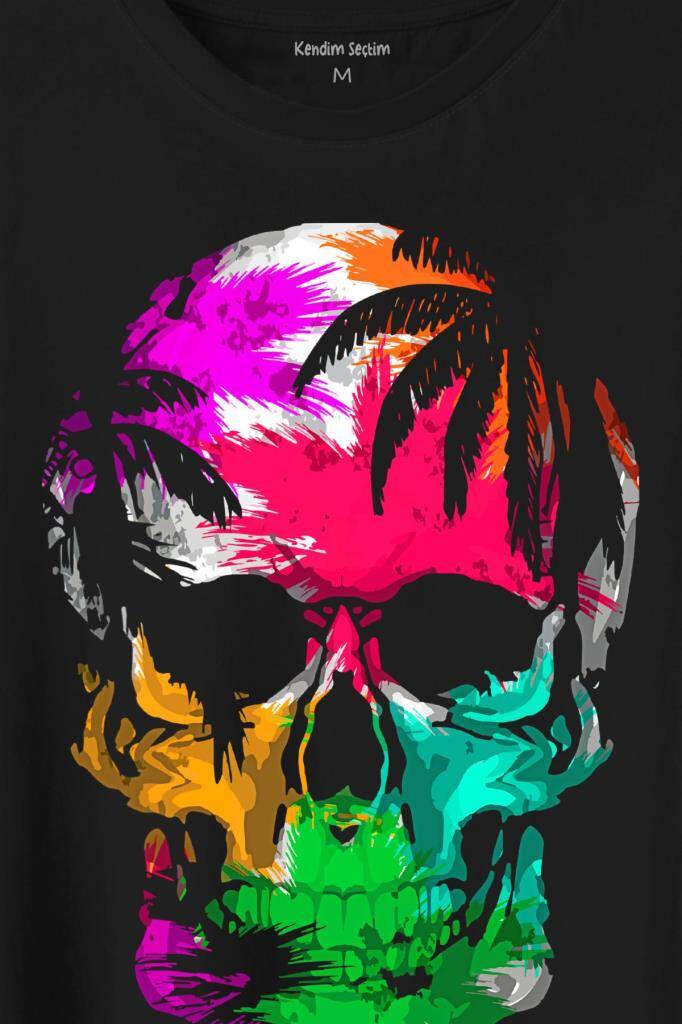 Rengarenk Kafatası Skull Head Gökkuşağı Renkleri Baskılı Tişört Unisex T-Shirt (1)