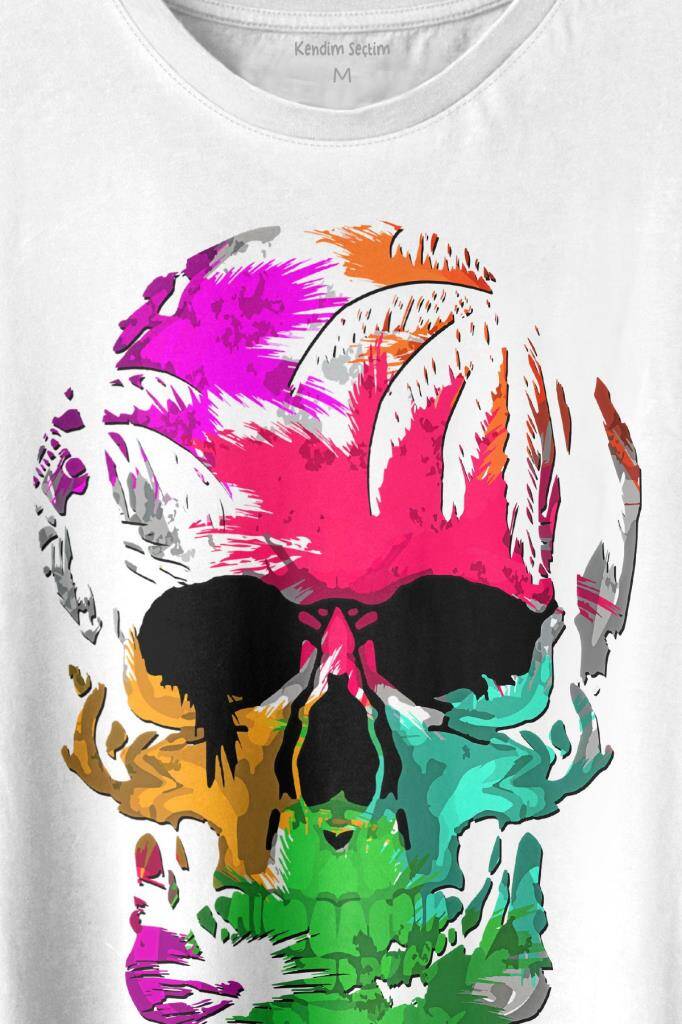 Rengarenk Kafatası Skull Head Gökkuşağı Renkleri Baskılı Tişört Unisex T-shirt (1)