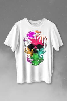 Rengarenk Kafatası Skull Head Gökkuşağı Renkleri Baskılı Tişört Unisex T-shirt - 1