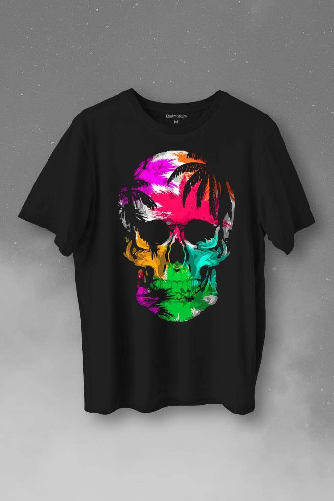 Rengarenk Kafatası Skull Head Gökkuşağı Renkleri Baskılı Tişört Unisex T-Shirt - 1