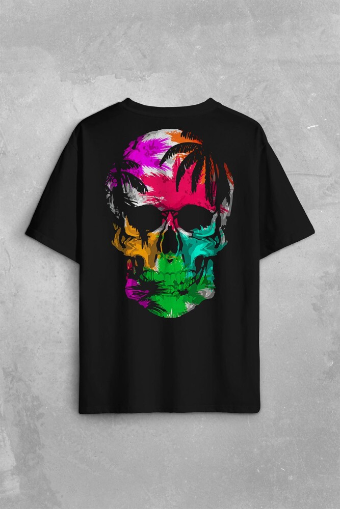Rengarenk Kafatası Skull Head Gökkuşağı Renkleri Sırt Ön Baskılı Oversize Tişört Unisex T-Shirt - 1