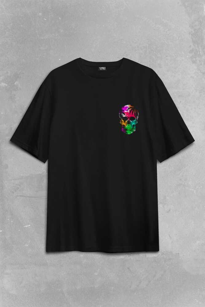 Rengarenk Kafatası Skull Head Gökkuşağı Renkleri Sırt Ön Baskılı Oversize Tişört Unisex T-Shirt - 2
