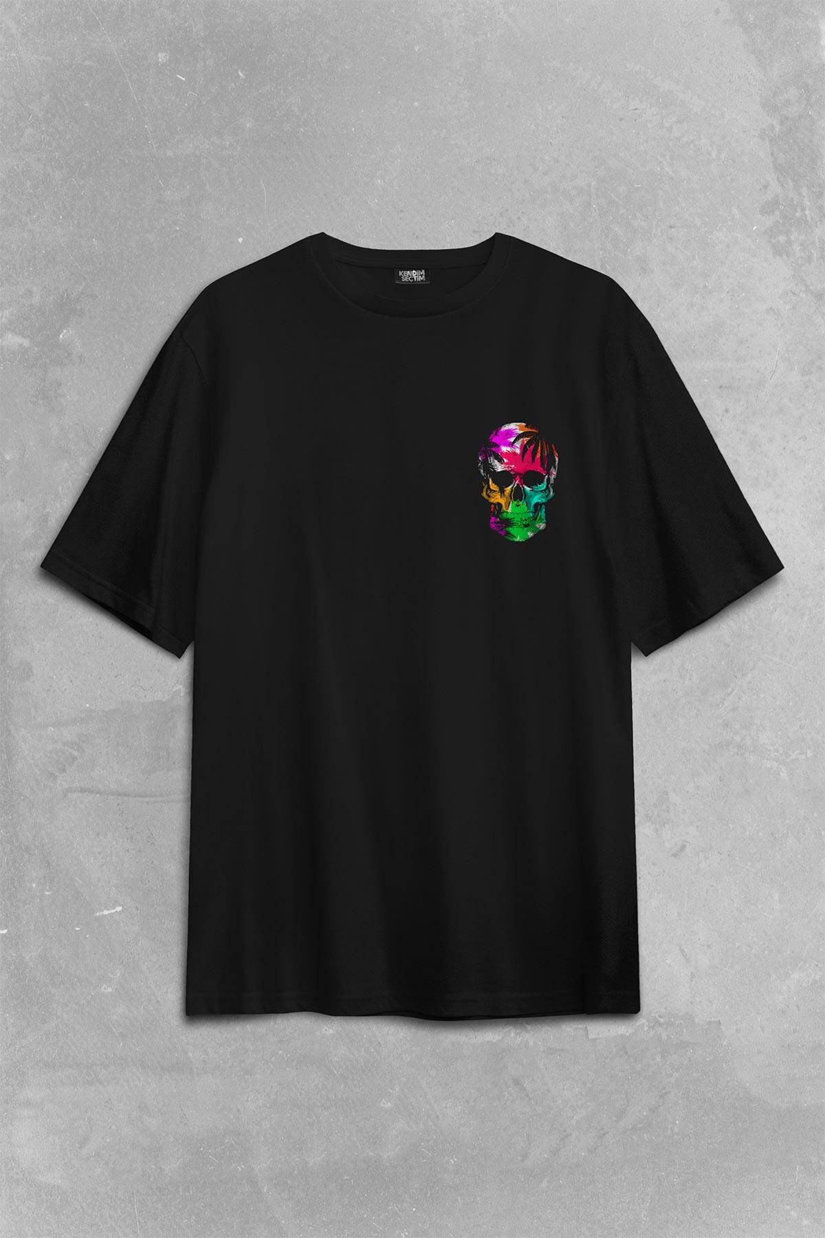 Rengarenk Kafatası Skull Head Gökkuşağı Renkleri Sırt Ön Baskılı Oversize Tişört Unisex T-Shirt (1)