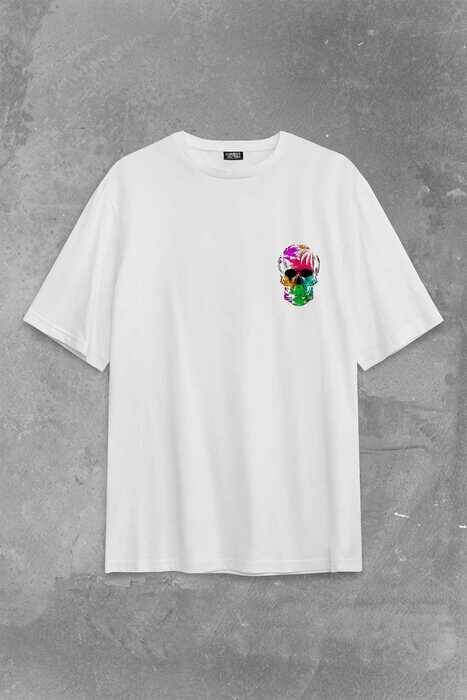 Rengarenk Kafatası Skull Head Gökkuşağı Renkleri Sırt Ön Baskılı Oversize Tişört Unisex T-Shirt - 2