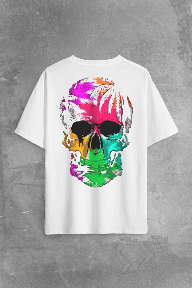 Rengarenk Kafatası Skull Head Gökkuşağı Renkleri Sırt Ön Baskılı Oversize Tişört Unisex T-Shirt - 1