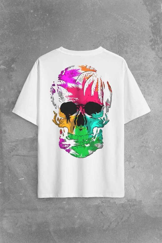 Rengarenk Kafatası Skull Head Gökkuşağı Renkleri Sırt Ön Baskılı Oversize Tişört Unisex T-Shirt