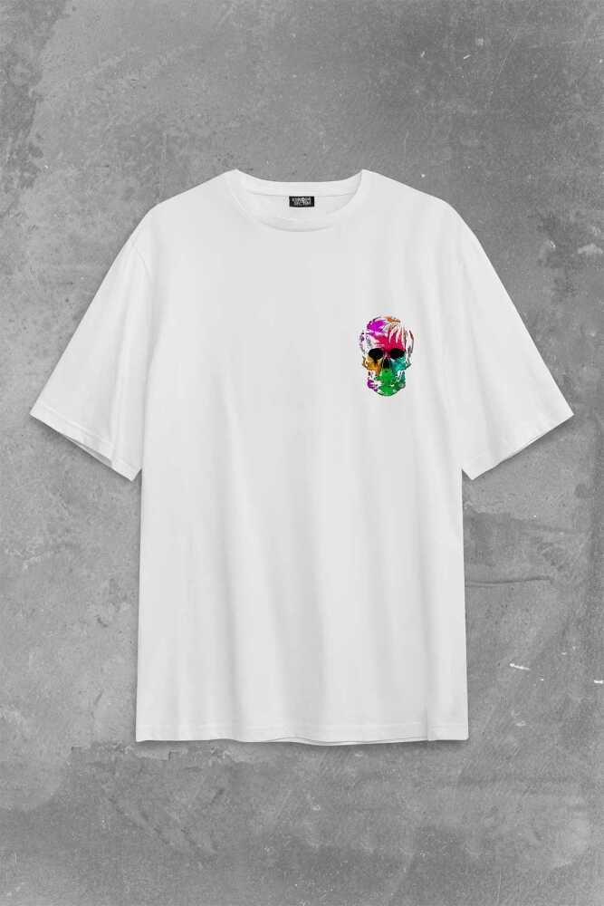 Rengarenk Kafatası Skull Head Gökkuşağı Renkleri Sırt Ön Baskılı Oversize Tişört Unisex T-Shirt (1)