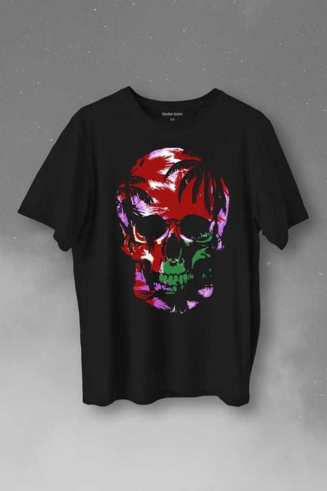 Rengarenk Kafatası Skull Head Lila Renkleri Baskılı Tişört Unisex T-Shirt - 1